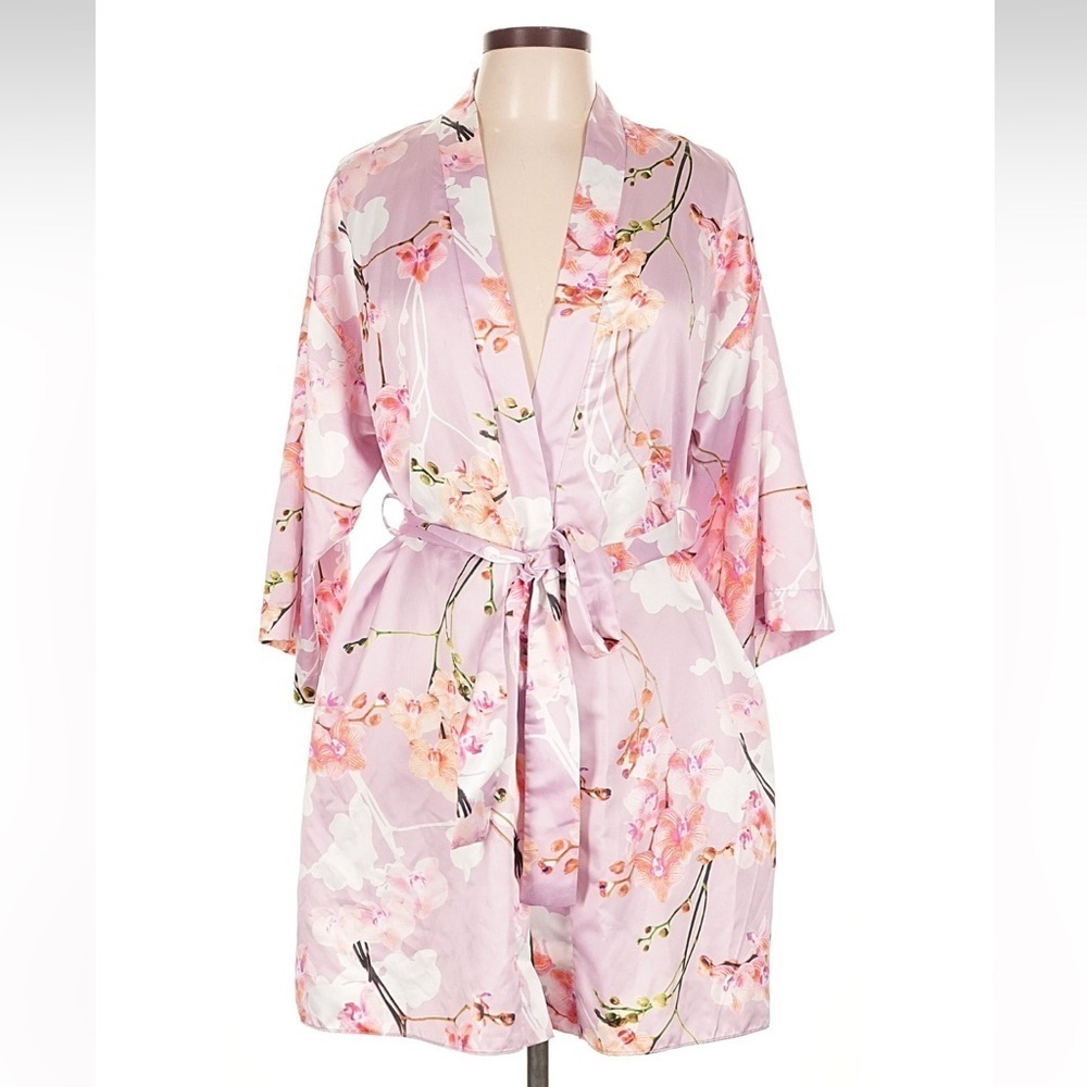 Flora Nikrooz Floral Satin Robe - Light Purple - Size L/XL - Orchid Design